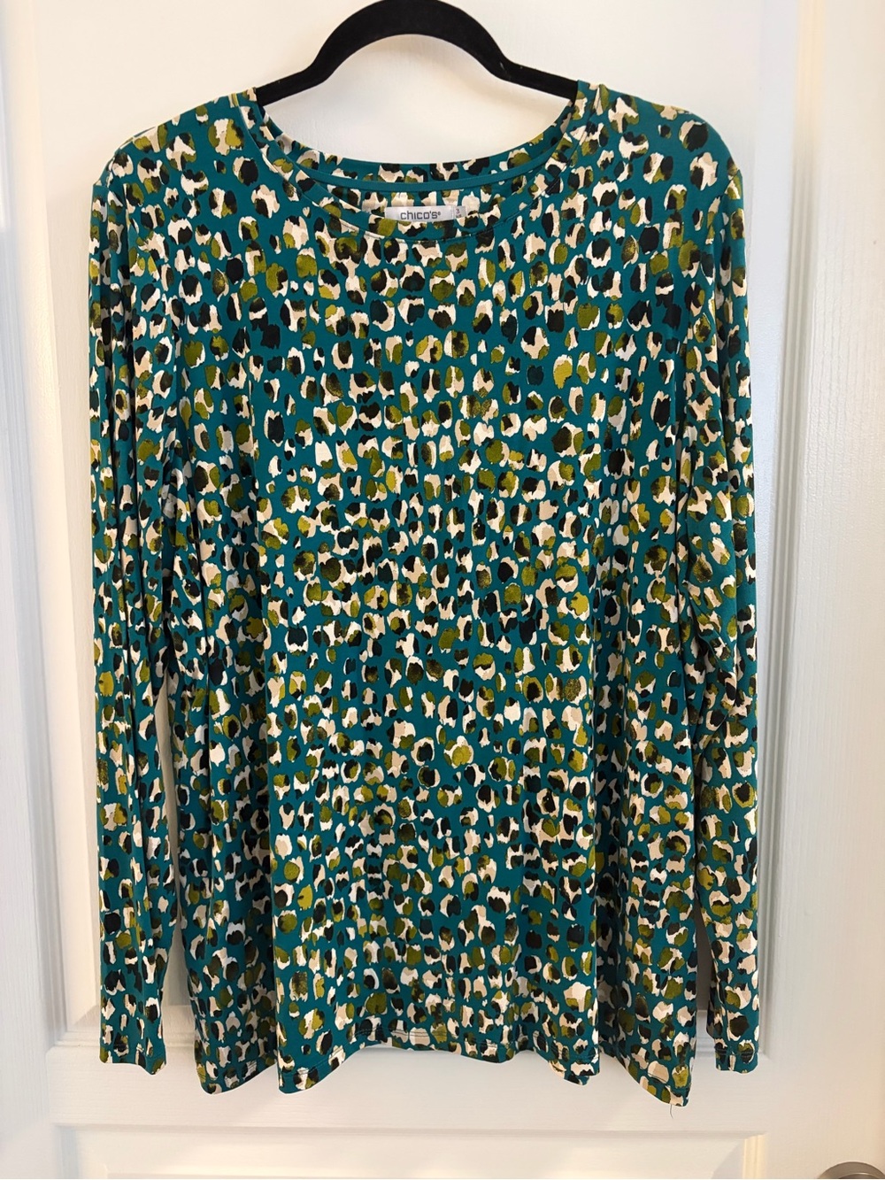 Chico's Teal and Olive Spot Print Long Sleeve Top